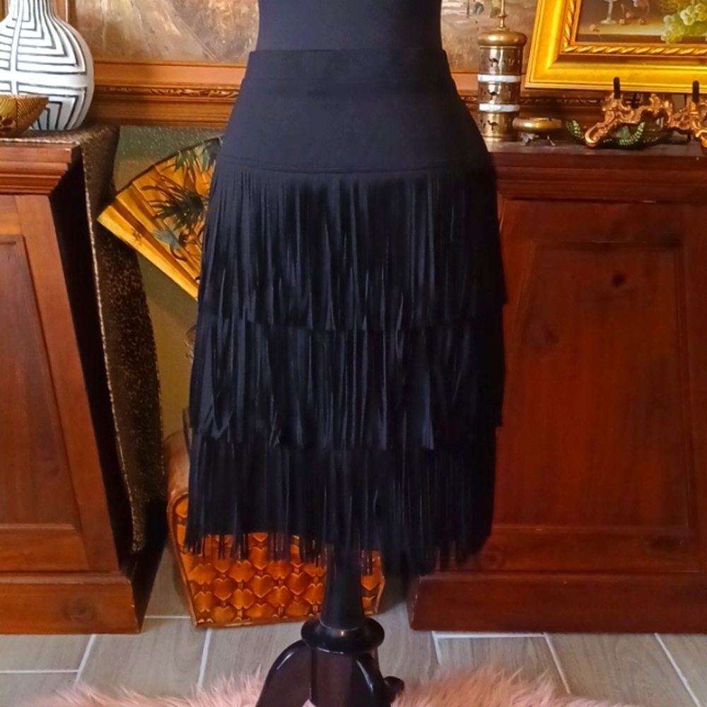 CHICOS Little Black Tassle Skirt